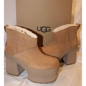 UGG NEW HEIGHTS PLATFORM MINI SUEDE‎ WOMEN'S BOOTS SIZE NIB CHESTNUT 9